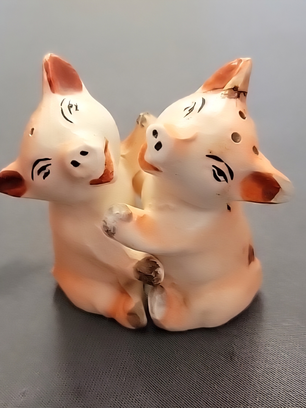 Vintage 1960's Japan Hugging Pigs Salt & Pepper Shakers- Peach & White